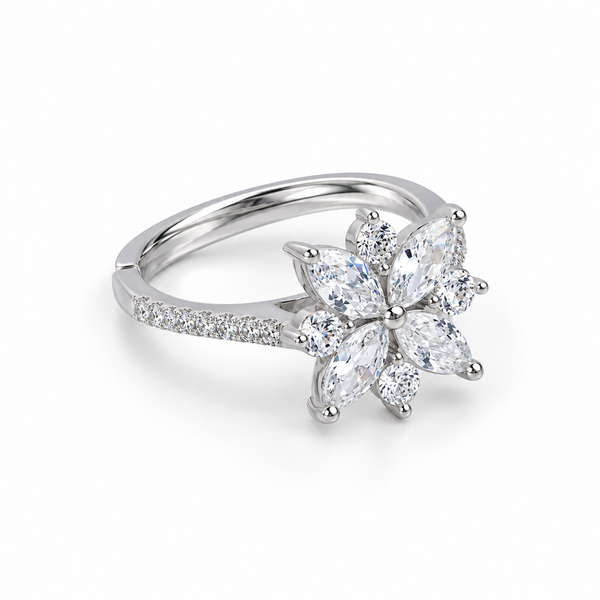 Second angle: Angled view of Celeste Bloom adjustable silver ring showing the floral setting and split band