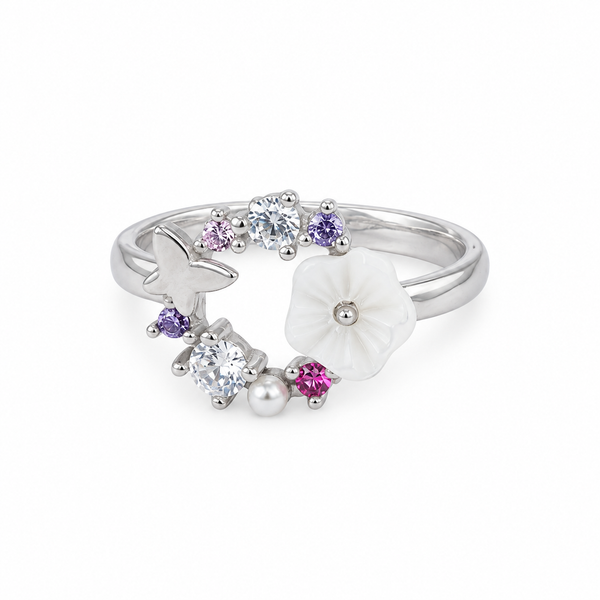 Blossom Fairy 925 silver ring with mother-of-pearl flower, butterfly and colourful stones on white background
