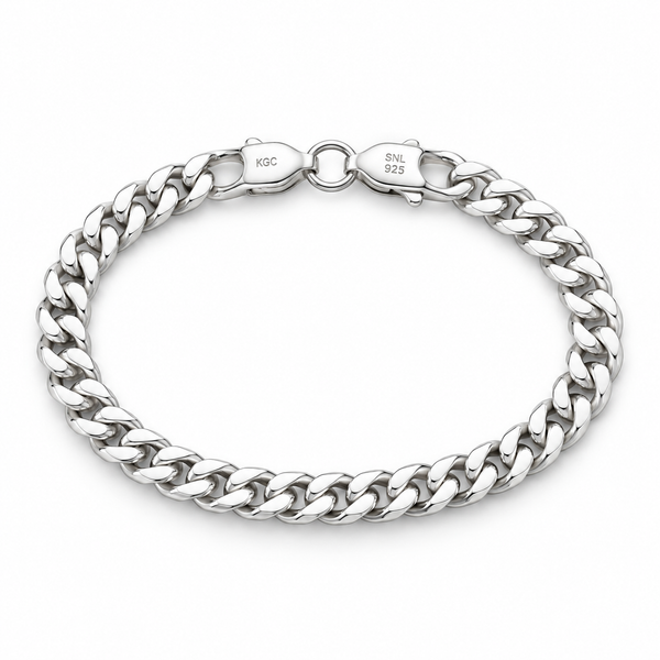 Men’s curb link 925 sterling silver bracelet on a white background
