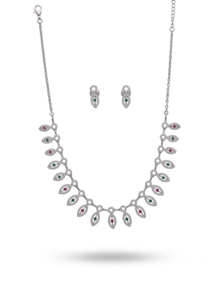Leafy Laurel Emerald & Ruby Silver Jewellery Set