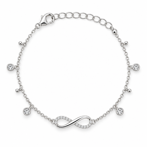 Side-angle view of silver infinity bracelet with stone charms