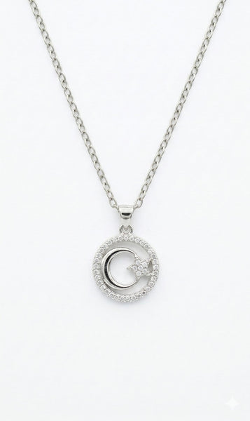 Sparkling Moon & Star Halo Necklace