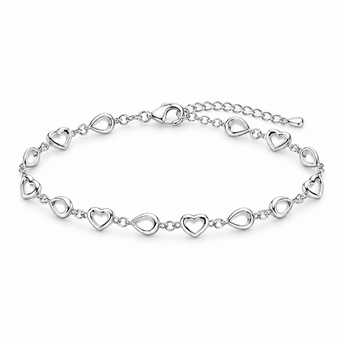 Polished 925 sterling silver heart link bracelet on a clean white background.
