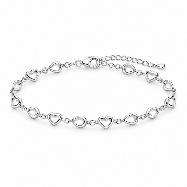 Polished 925 sterling silver heart link bracelet on a clean white background.
