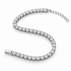 Side-angle view of silver tennis bracelet with round clear stones  

