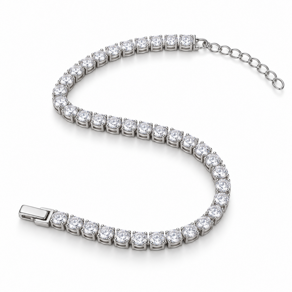 Side-angle view of silver tennis bracelet with round clear stones  
