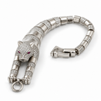 Silver panther bracelet shown at a 45-degree angle with segmented links and pavé detailing.