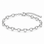 Heart link silver bracelet shown from a 45-degree angle with lobster clasp and extender chain.