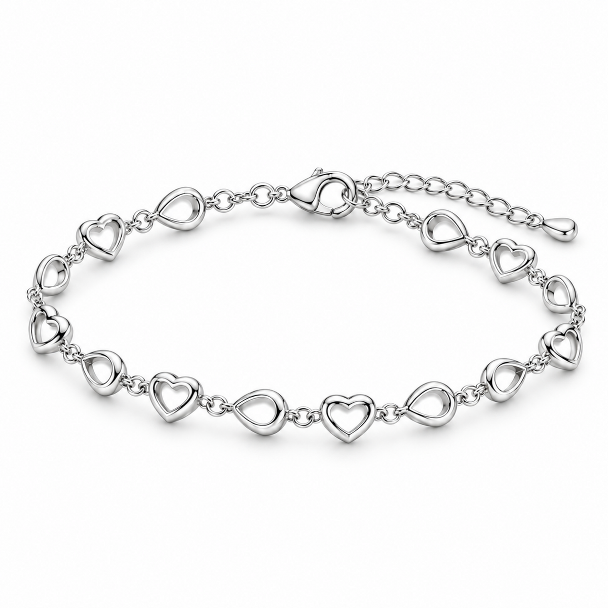 Heart link silver bracelet shown from a 45-degree angle with lobster clasp and extender chain.