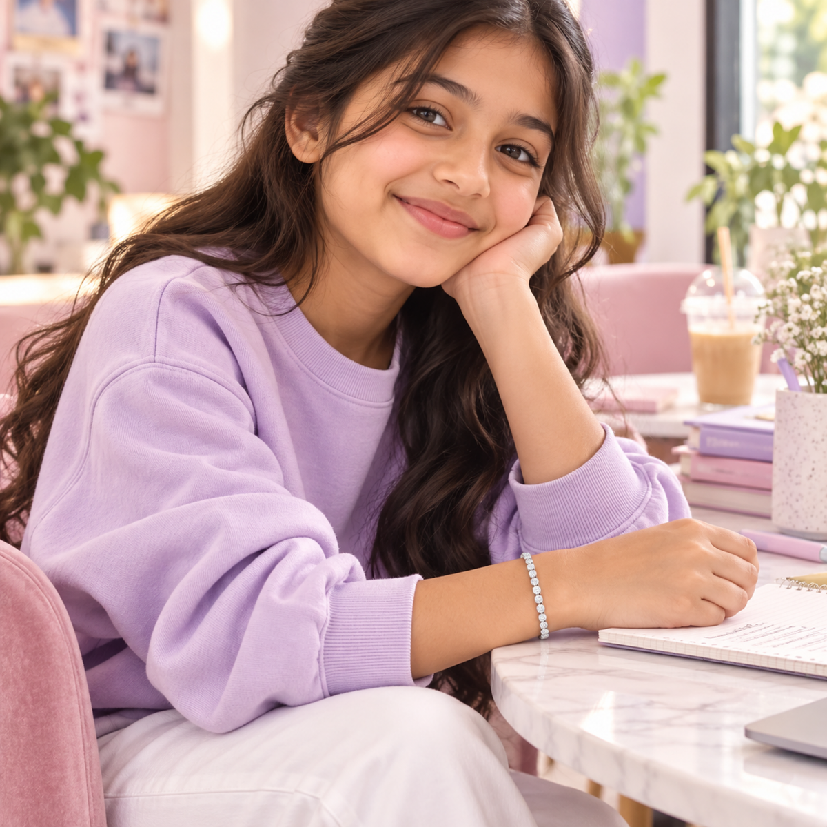 Girl styling a silver tennis bracelet with a Gen Z outfit  
