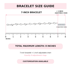 Size Guide: Women’s 7-inch heart link bracelet with a 1-inch adjustable chain and nine rings.