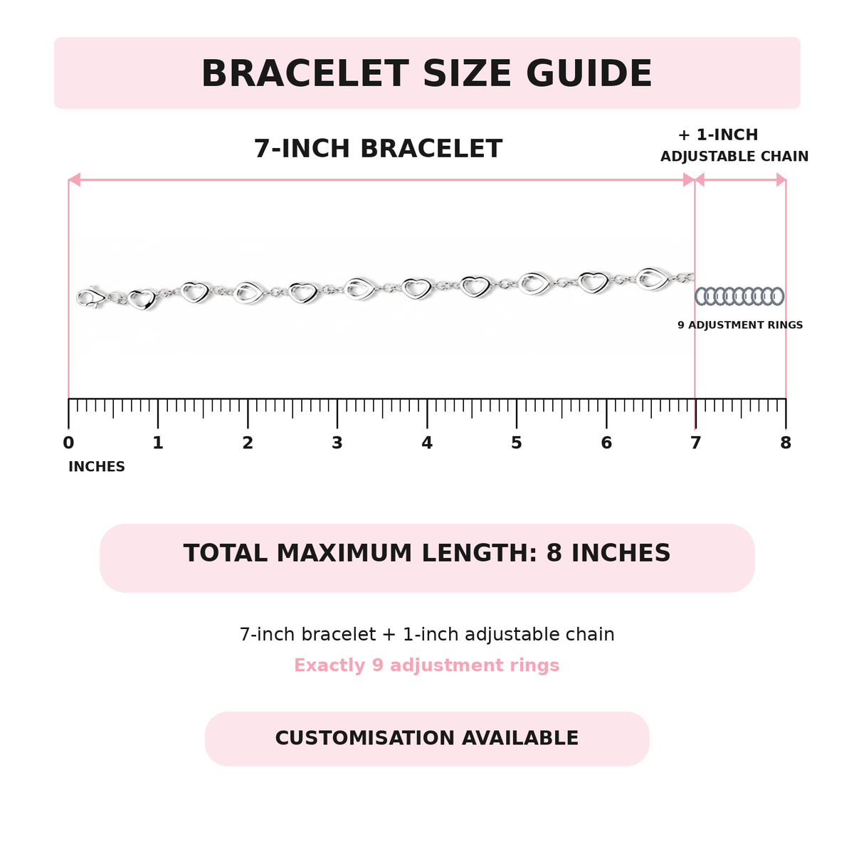 Size Guide: Women’s 7-inch heart link bracelet with a 1-inch adjustable chain and nine rings.