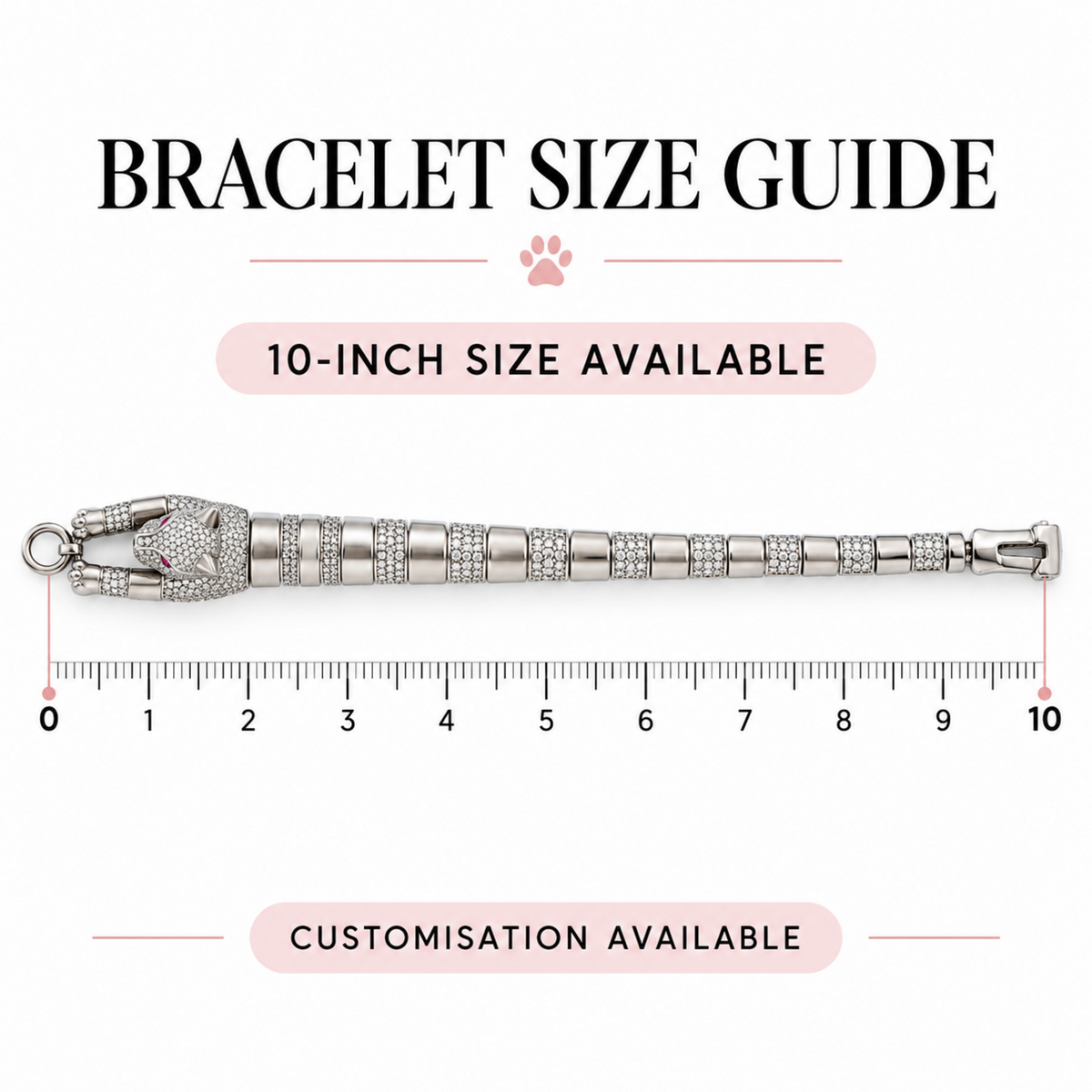Silver panther bracelet shown against an inch scale with 10-inch size and customisation available.