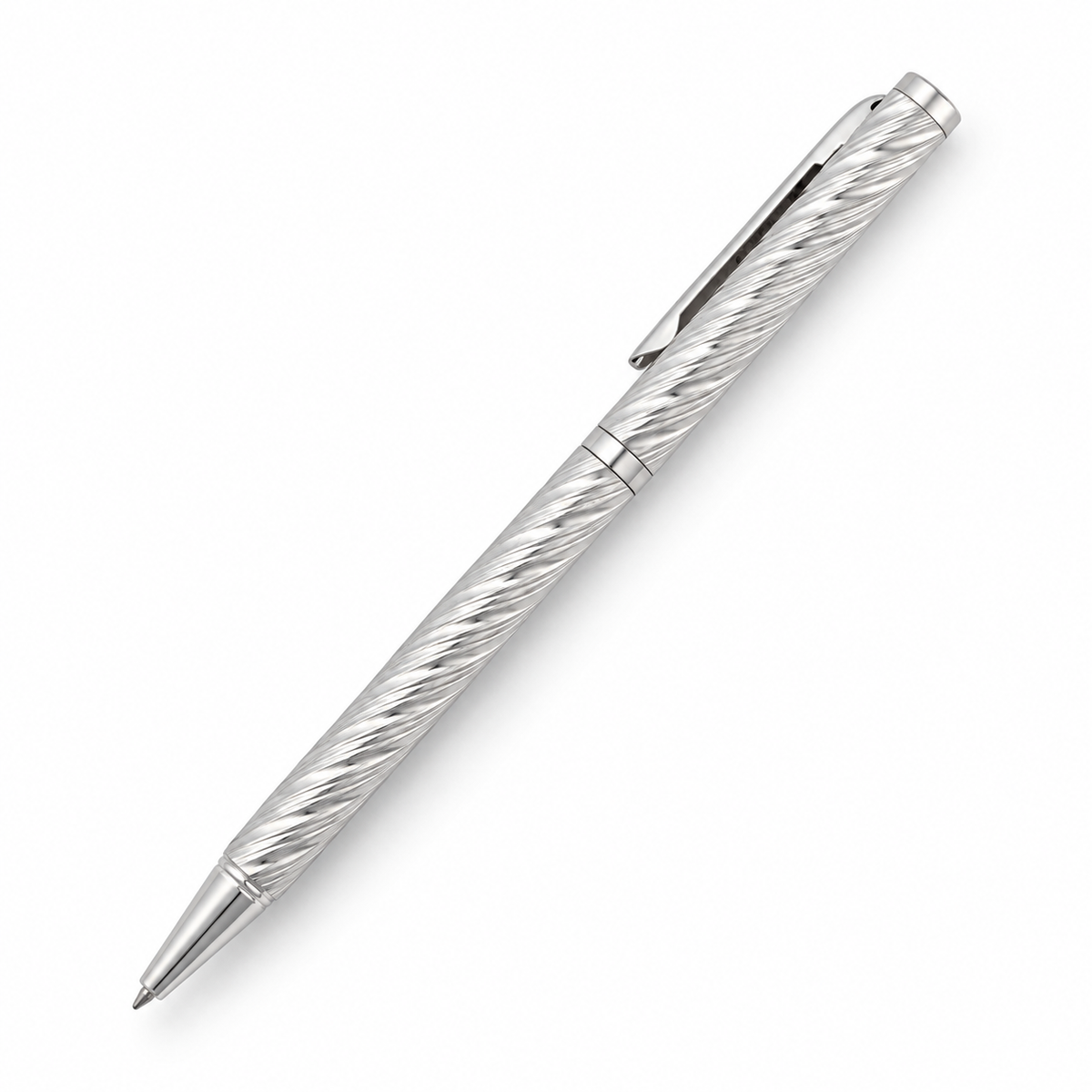 Spiral-textured 925 sterling silver ball pen shown at a 45-degree angle
