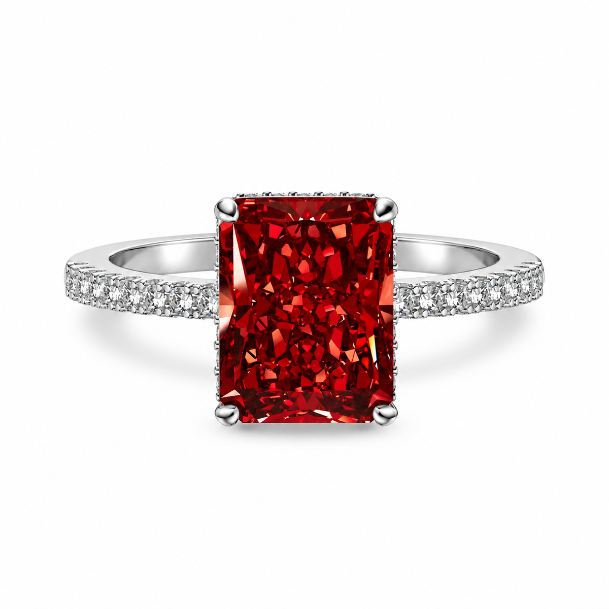 Scarlet Majesty Ring shown at a 45-degree angle with red centre stone and pavé detailing
