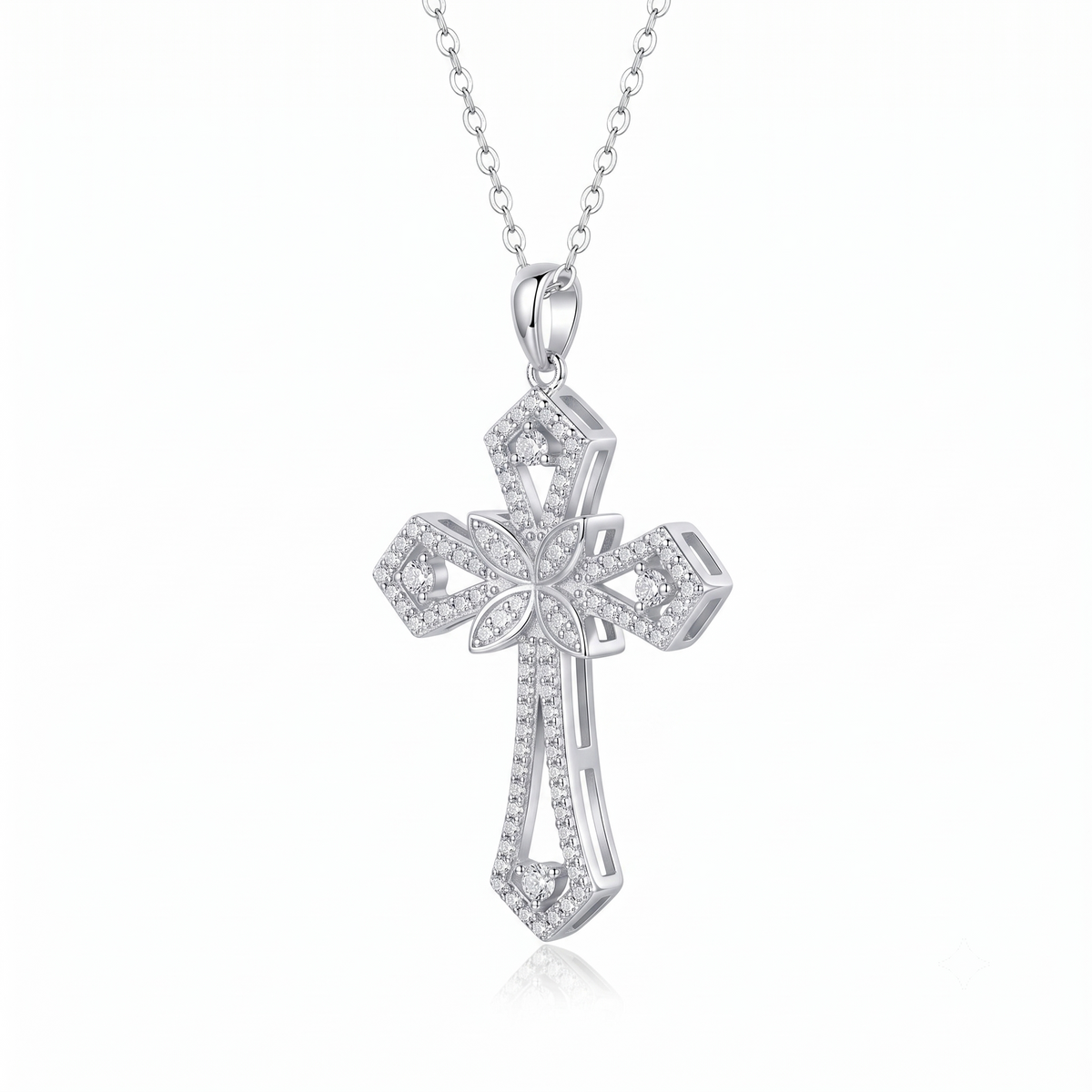 925 sterling silver filigree cross necklace on white background