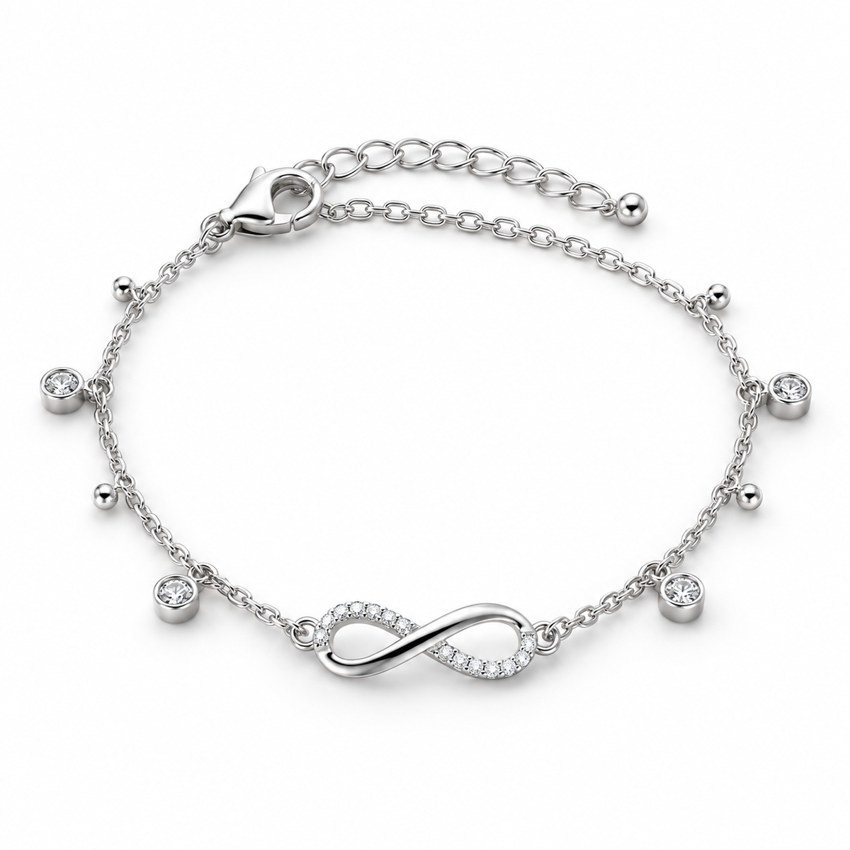 Rhodium-plated 925 sterling silver infinity bracelet on white background
