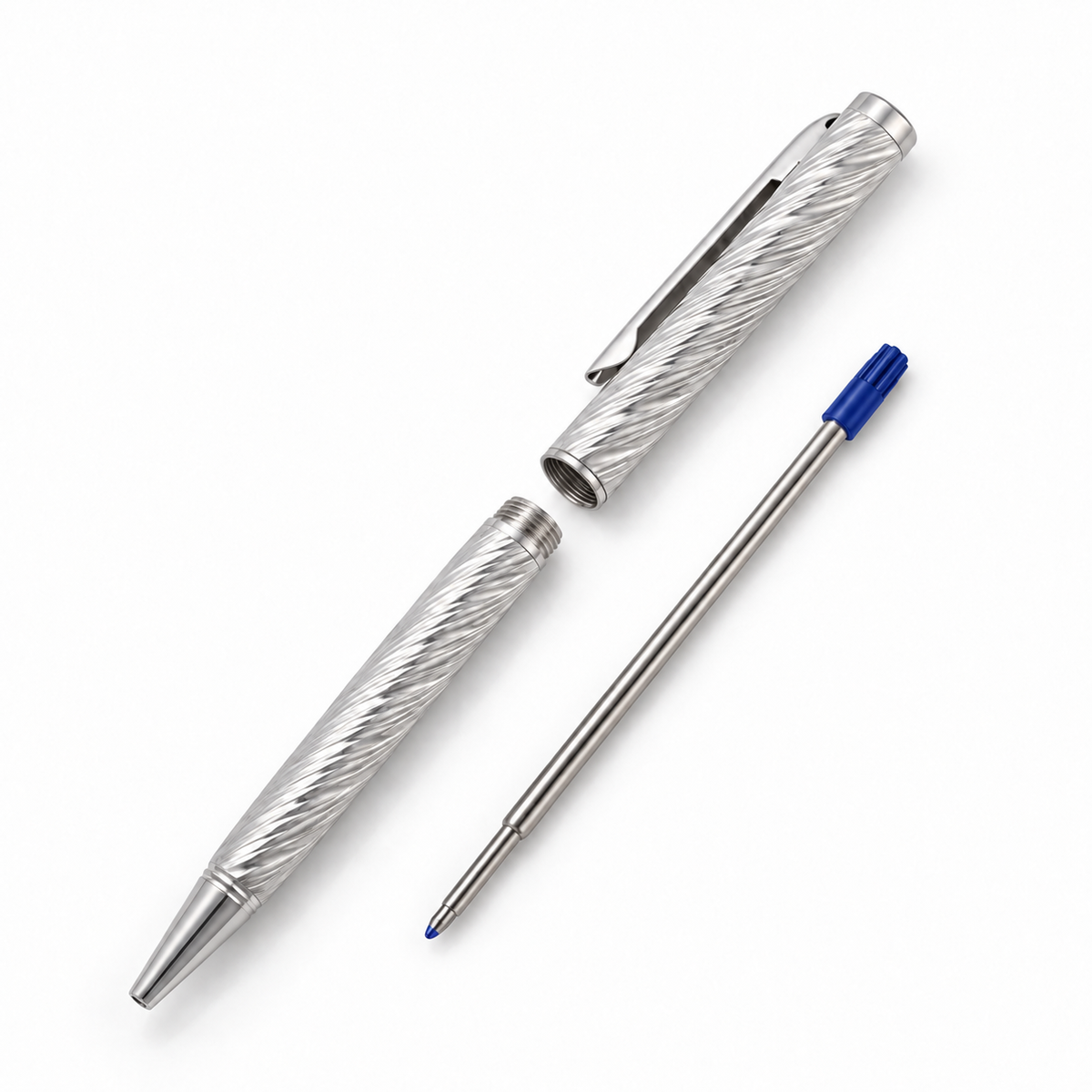 Refillable 925 sterling silver ball pen shown with blue ink refill