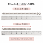 Bracelet size guide chart showing two metal chain bracelets with ruler measurements: men's bracelet 8 inches and kids' bracelet 6 inches, plus text noting customization is available.