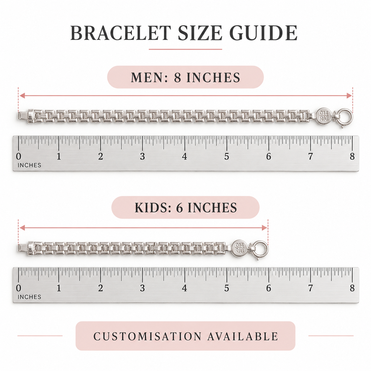 Bracelet size guide chart showing two metal chain bracelets with ruler measurements: men's bracelet 8 inches and kids' bracelet 6 inches, plus text noting customization is available.