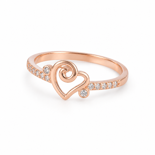 Amora Swirl Heart rose gold-tone 925 silver ring with clear stones on white background