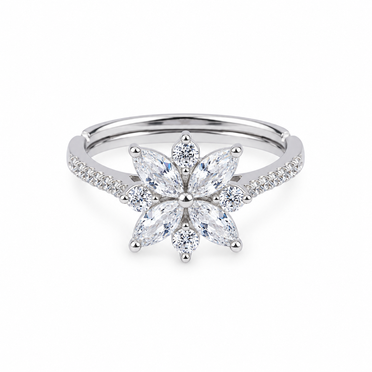 Celeste Bloom adjustable 925 silver floral ring with clear stones on white background