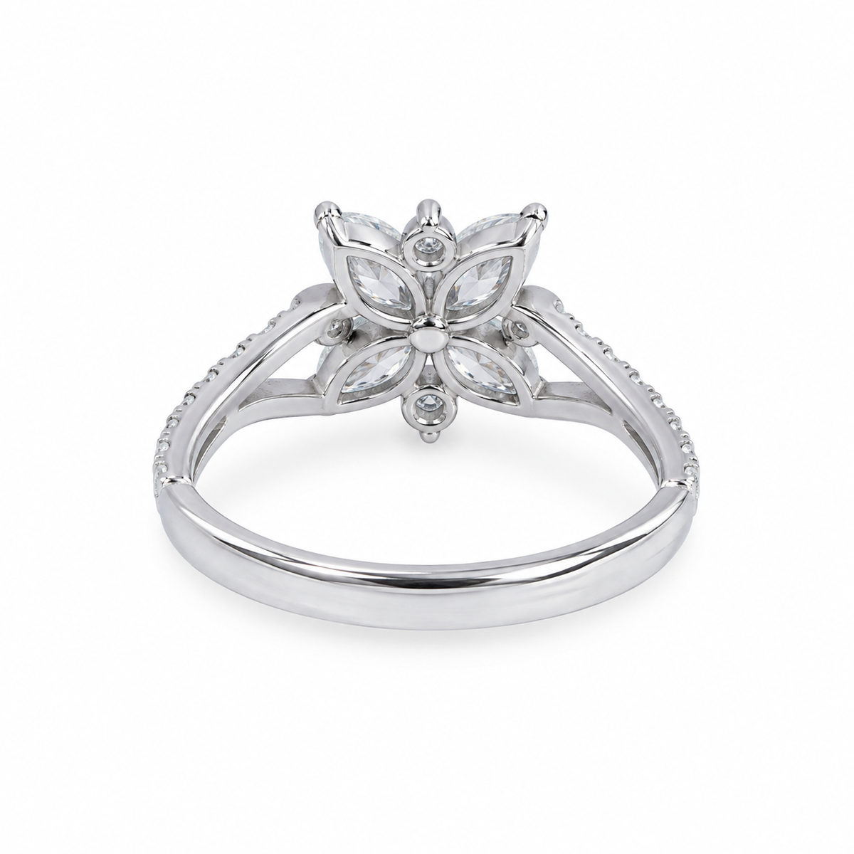 Adjustable band image: Rear view of Celeste Bloom adjustable floral ring showing its flexible split-band construction