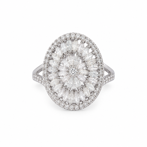 Aurelia Petal Halo 925 silver statement ring with marquise and round clear stones on white background
