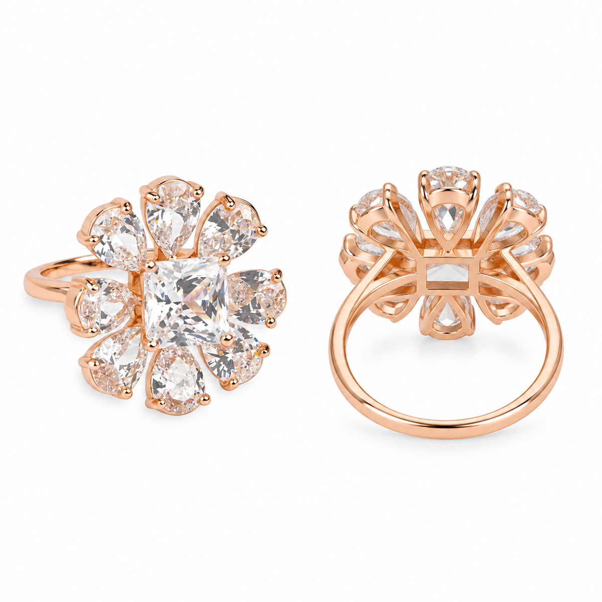 Band detail: Rear view of Rosé Baguette Bloom Ring showing its fixed band and raised five-petal setting
