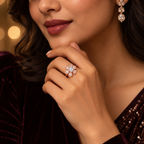 Lifestyle image: Indian woman styling Rosé Baguette Bloom Ring with an elegant blush-pink traditional outfit