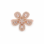 Second angle: Angled view of Rosé Baguette Bloom Ring showing its five stone-set petals and rose-gold band