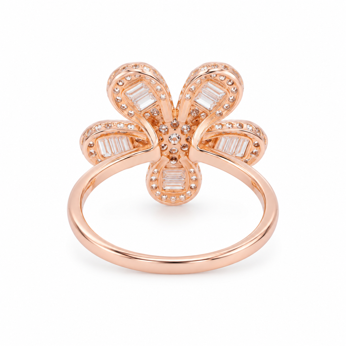 Band detail: Rear view of Rosé Baguette Bloom Ring showing its fixed band and raised five-petal setting