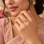 Lifestyle image: Indian woman styling Rosé Baguette Bloom Ring with an elegant blush-pink traditional outfit