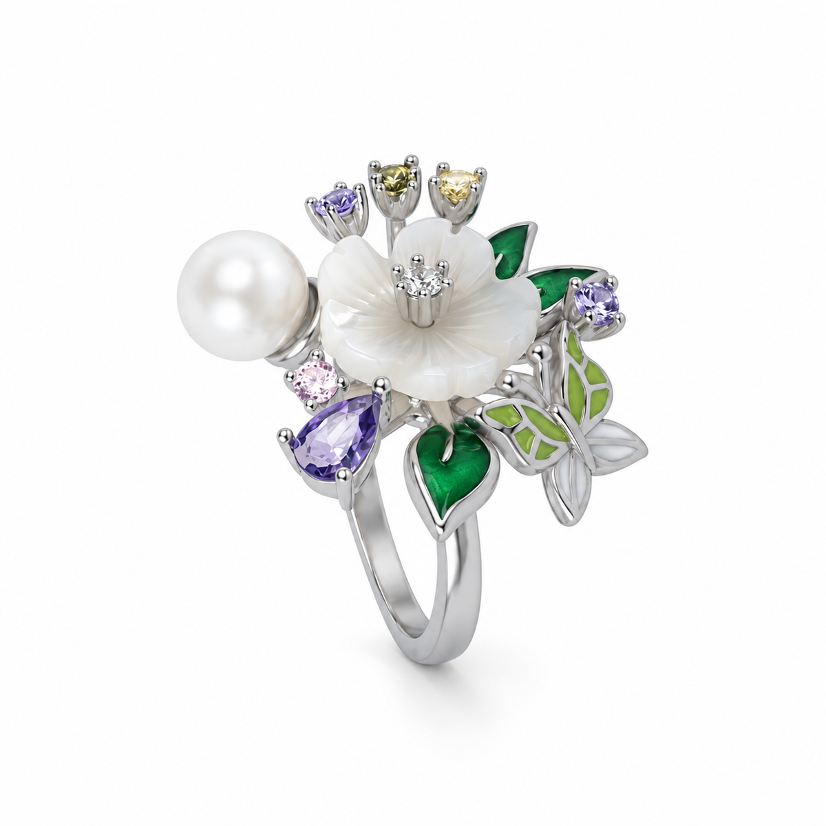 Second angle: Angled view of Enchanted Garden Pearl Ring showing its carved flower, pearl and botanical silver setting