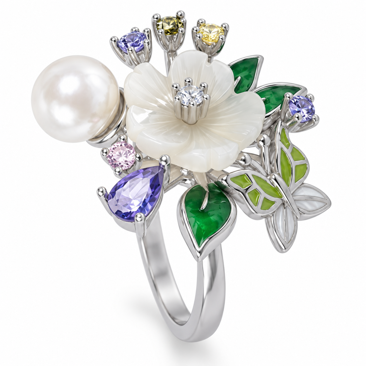 Close-up: Close-up of white pearl, carved flower, green enamel leaves and lavender stone on Enchanted Garden Ring