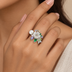 Lifestyle image: Indian woman styling Enchanted Garden Pearl Ring with an elegant lavender traditional outfit