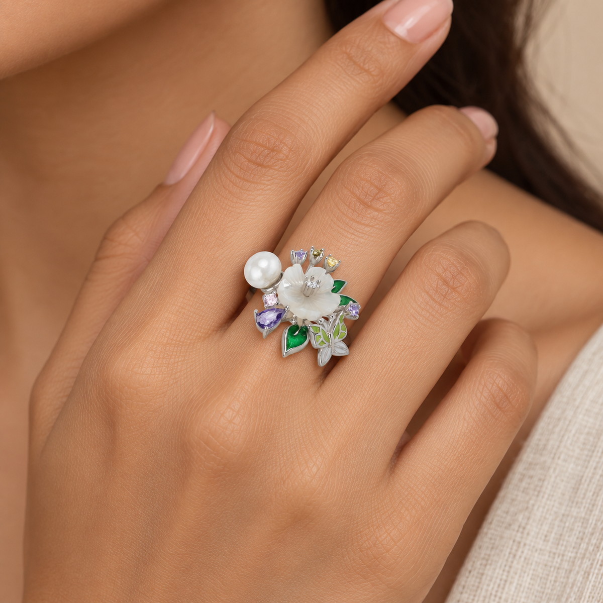 Lifestyle image: Indian woman styling Enchanted Garden Pearl Ring with an elegant lavender traditional outfit