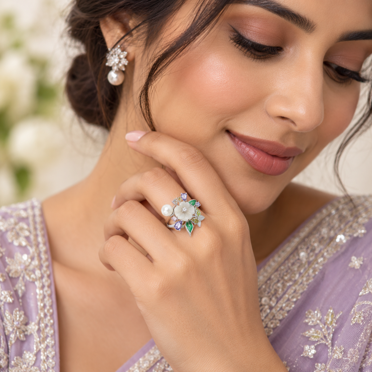 Model image: Woman wearing Enchanted Garden Pearl Ring showing its actual statement size and fit