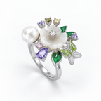 Main image: Enchanted Garden 925 silver ring with white flower, pearl, green enamel leaves and multicolour stones on white background