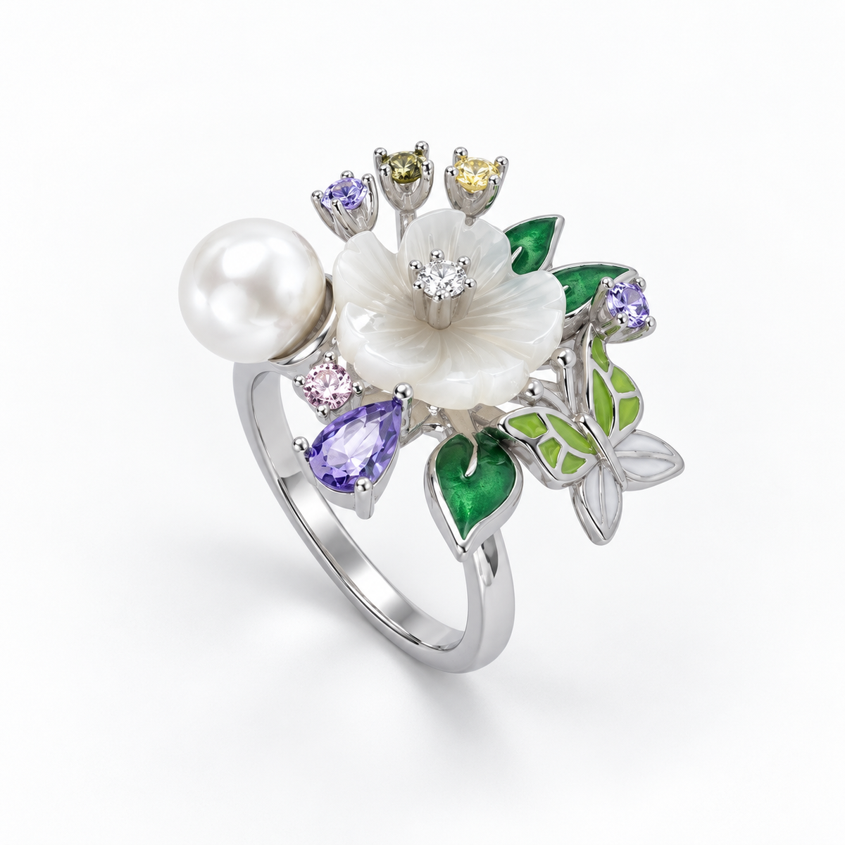 Main image: Enchanted Garden 925 silver ring with white flower, pearl, green enamel leaves and multicolour stones on white background