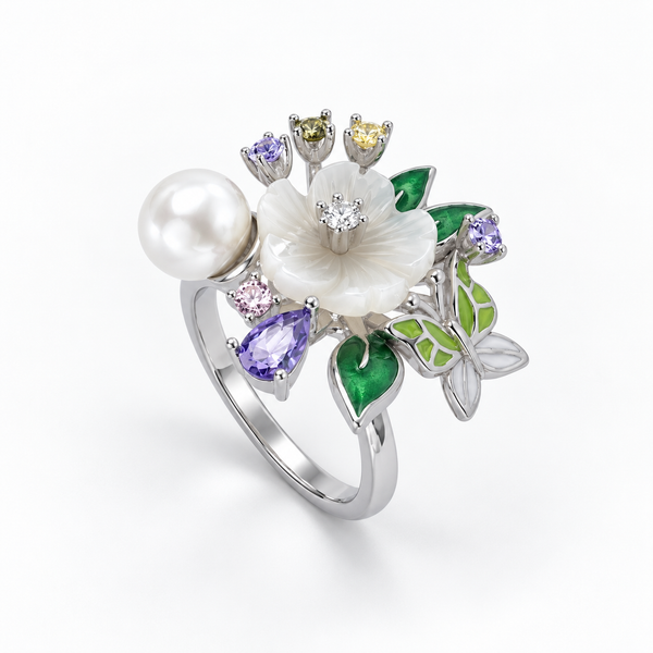 Main image: Enchanted Garden 925 silver ring with white flower, pearl, green enamel leaves and multicolour stones on white background