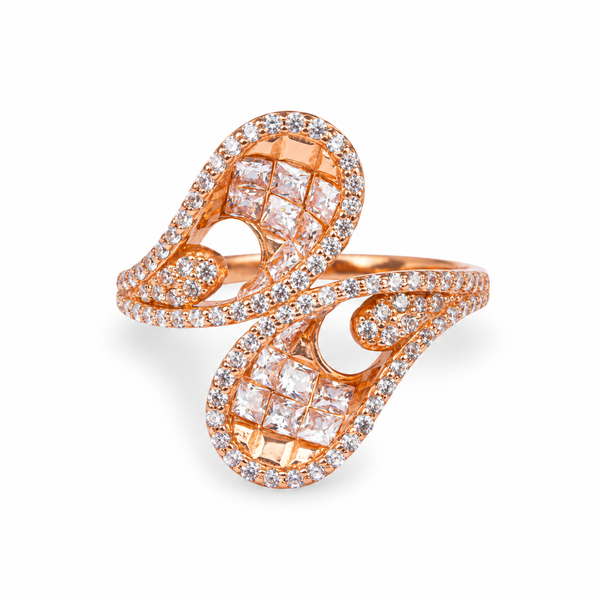 Rosé Paisley Cascade 925 sterling silver statement ring with clear stones on a white background