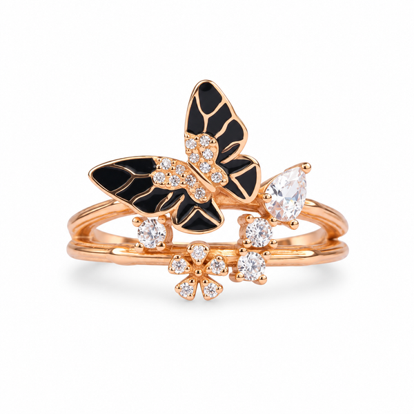 Main image: Midnight Bloom rose-gold 925 silver ring with black enamel butterfly and clear stones on white