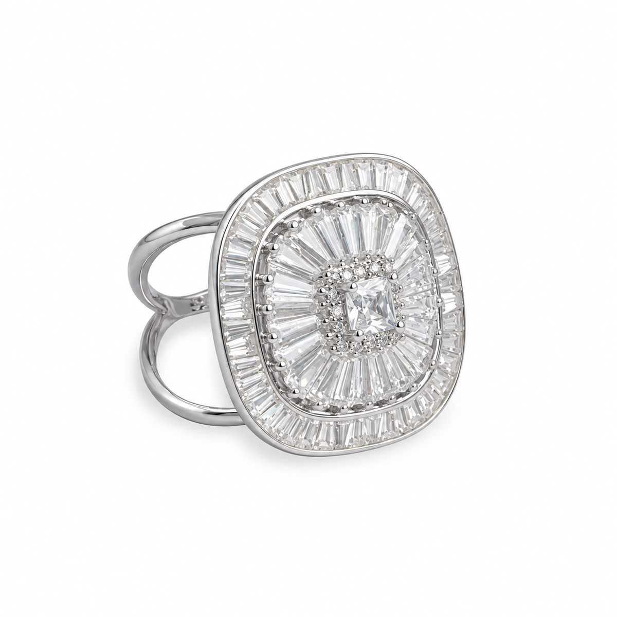 Main image: Regal Prism 925 sterling silver statement ring with square and baguette-cut clear stones on white background