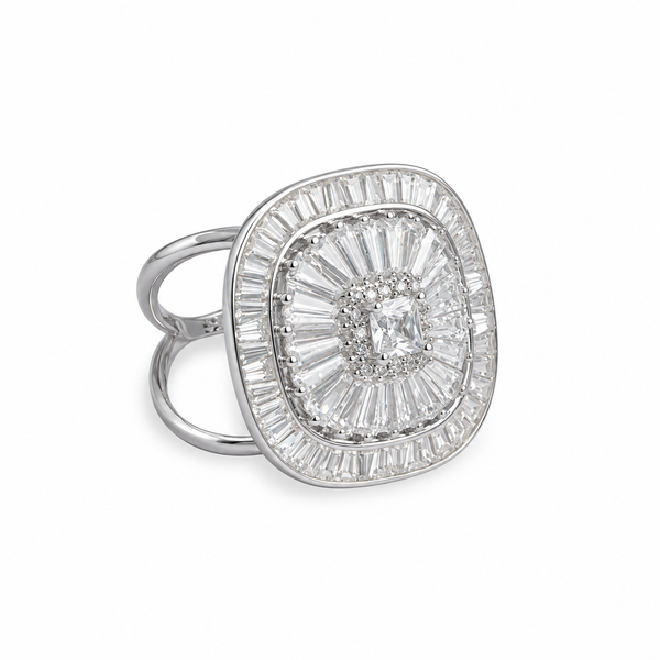 Main image: Regal Prism 925 sterling silver statement ring with square and baguette-cut clear stones on white background