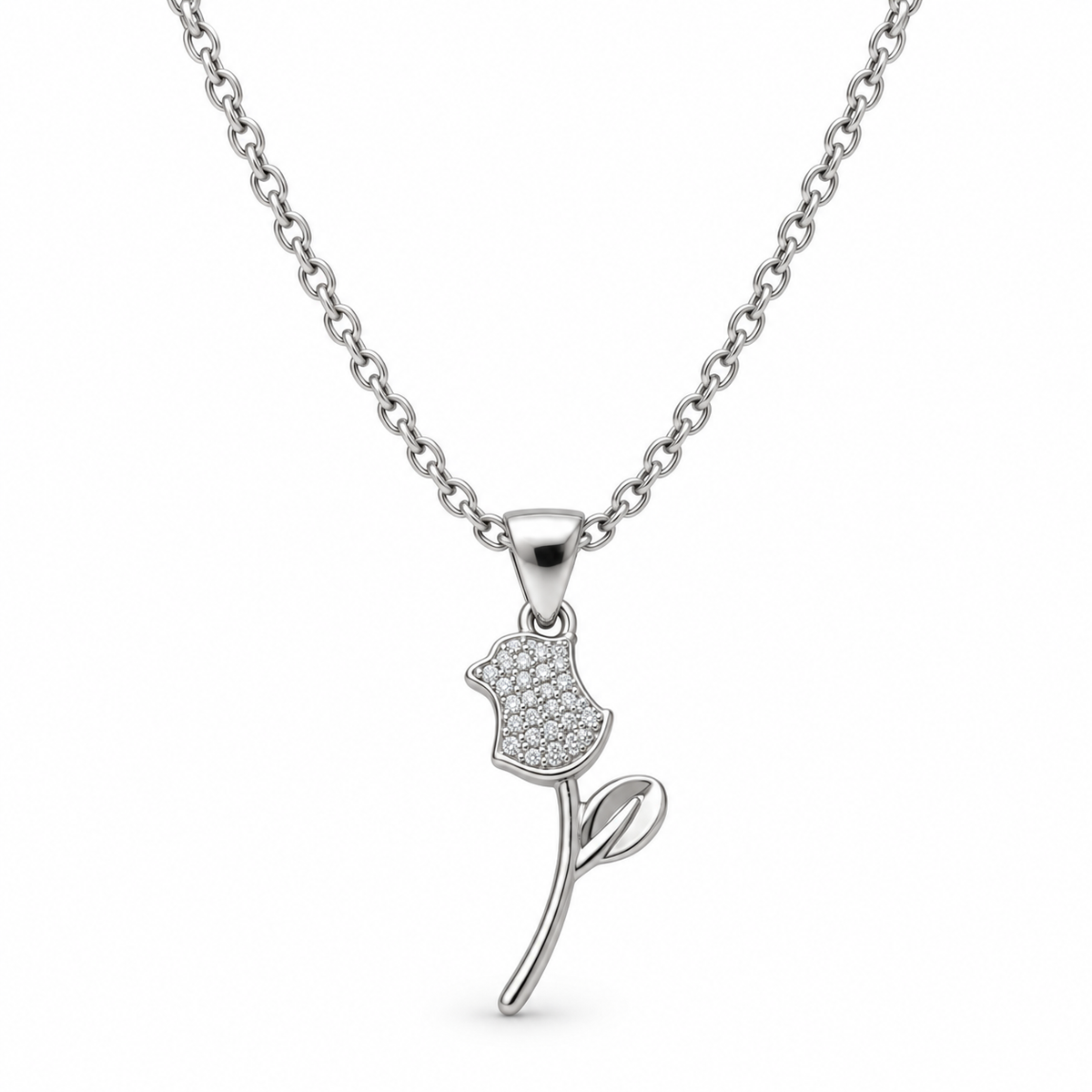 Main image: Everlasting Rose 925 sterling silver pendant with clear stones on a pure white background