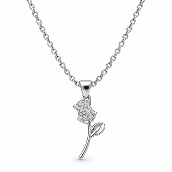 Main image: Everlasting Rose 925 sterling silver pendant with clear stones on a pure white background