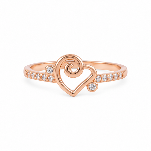 Close-up of open-heart swirl design and clear stones on rose gold-tone ring