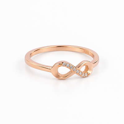 Eternal Bond infinity rose gold-tone 925 silver ring with clear stones on white background