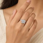 Model image: Woman wearing Celeste Bloom adjustable silver floral ring showing its actual size and fit